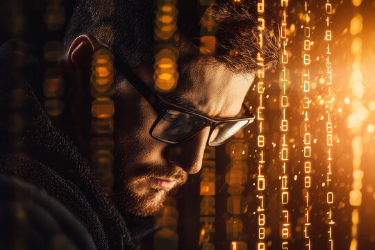 A dedicated hacker immersed in digital codes, unraveling complex passwords amidst a vibrant cybernetic backdrop of streaming data.