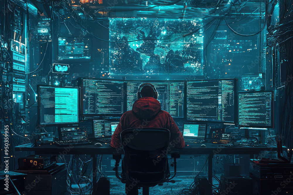 Poster in a dimly lit high-tech bunker, a dedicated hacker navigates multiple screens, optimizing code in a