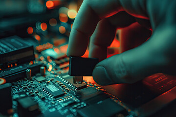 A mysterious figure connects a USB drive to a secure terminal, surrounded by vibrant lights and intricate circuitry elements.