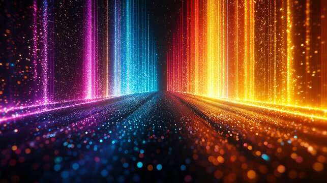 Futuristischer Hintergrund in leuchtenden Regenbogenfarben. Flie&szlig;ende Formen und dynamische Farb&uuml;berg&auml;nge. Abstrakte, hochmoderne &Auml;sthetik. Ideal f&uuml;r Tech-Designs und kreative Projekte