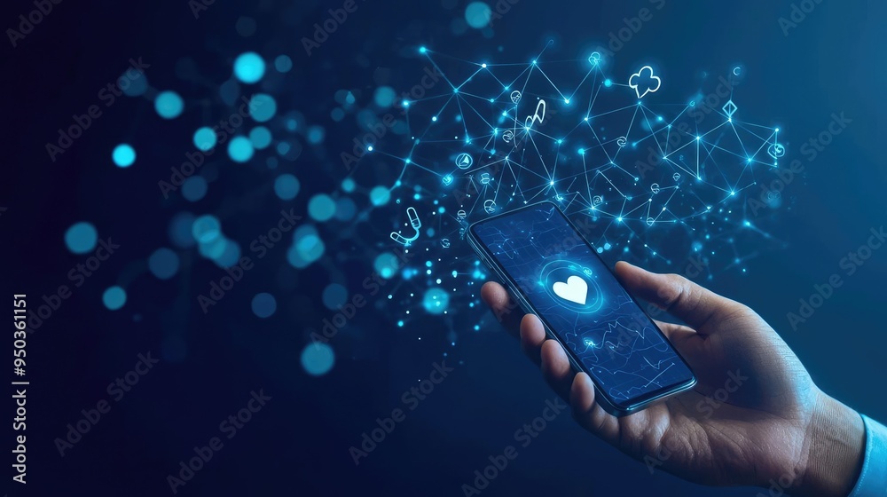 Wall mural digital health concept featuring a smartphone displaying heart symbols and network connections for m