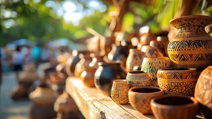 Fototapeta premium Colorful clay pots displayed at an outdoor market, showcasing artistic designs and craftsmanship in a vibrant, natural setting.