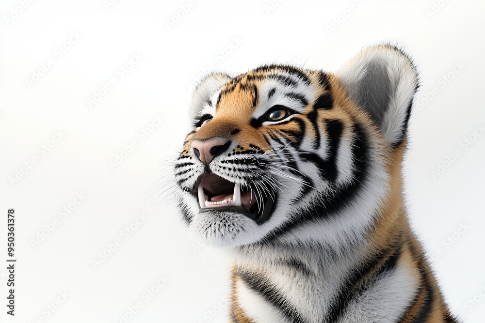 Poster a dynamic 3d of a tiger cub in a close up view, displaying its playful and curious nature. the cub i