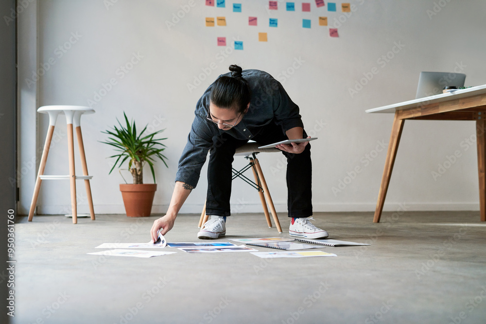 Poster reading, business man and tablet with paperwork for creative solution, planning or problem solving. 