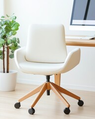 A modern white office chair with wooden legs, perfect for a stylish workspace or home office decor.