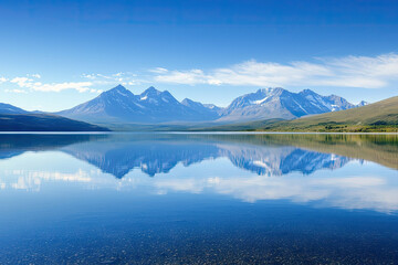 A breathtaking view of a serene mountain range mirrored perfectly in a tranquil lake under a clear blue sky invites escape.