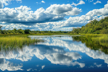 A Serene Wetland Reflection: Nature's Beauty Embraced by Calm Waters and Stunning Cloudy Skies in Perfect Harmony
