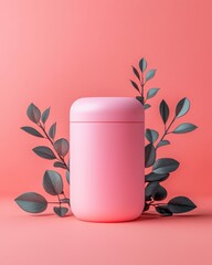 A sleek pink container surrounded by delicate leaves, set against a soft coral background, perfect for product display.