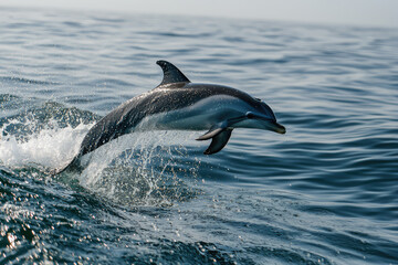 Fototapeta premium A Vibrant Dolphin Leaps into the Air, Splashes Sparkling Water Beneath the Bright Sky, Capturing Pure Joy and Freedom.