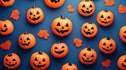 This image showcases numerous Jack-O'-Lanterns scattered across a blue background, accompanied by a few autumn leaves, conveying a Halloween and autumn theme.