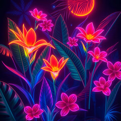Surreal neon tropical flowers