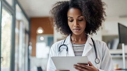 A female doctor in a bright clinic reviewing patient records on a tablet her expression focused and thoughtful as she prepares for a consultation