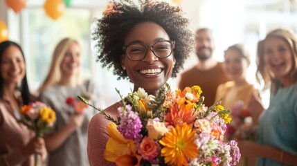 A jubilant cancer survivor holding a bouquet of flowers surrounded by friends and family in a brightly lit room celebrating life and recovery