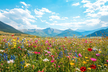 Fototapeta premium A breathtaking expanse of wildflowers bursts with color beneath a clear blue sky, inviting nature's beauty in full view.