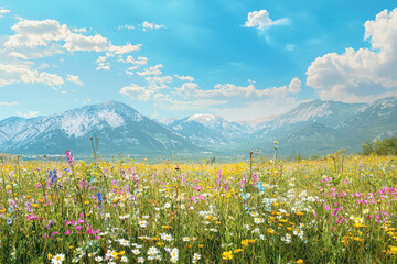Fototapeta premium A breathtaking meadow blooms with wildflowers under a bright blue sky, painting a picture of nature's serene beauty and wonder.