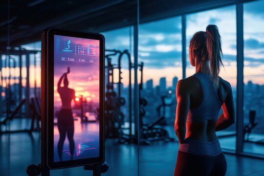 A fitness enthusiast in a contemporary gym environment checks her digital workout metrics on an advanced display screen, highlighting the fusion of exercise and technology.
