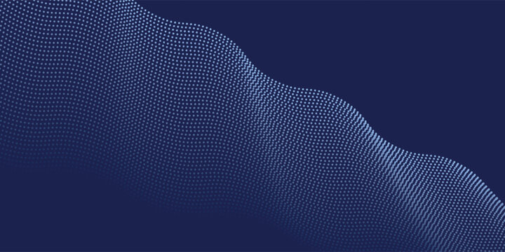 Dark blue abstract background, vector waves of flowing particles, curved lines of moving dots,