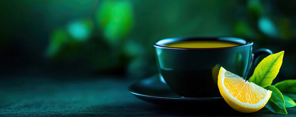 A serene cup of herbal tea with lemon and fresh leaves, set against a calming green background for a refreshing ambiance.