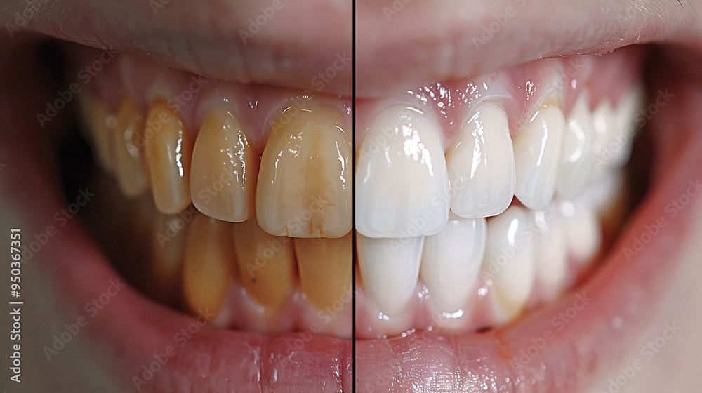 Wall mural Teeth before and after whitening. The photo is divided in half, showing the result