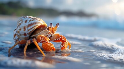 Hermit crab perched on seashell, clawing sand on tropical beach