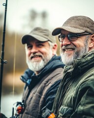 Fototapeta premium Big game fishing. fly fish hobby of men. retirement fishery. happy fishermen friendship. Two male friends fishing together. Catching and fishing. retired dad and mature bearded son.
