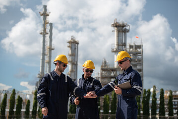 Fototapeta premium Refinery industry, engineer working in industrial production, oil and gas refinery plant industry factory