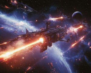 Fototapeta premium Spacecraft Firing Laser Beams In Battle Over Planet