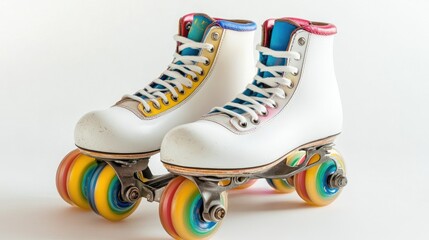 A pair of classic roller skates with white boots and colorful wheels, set against a clean white background