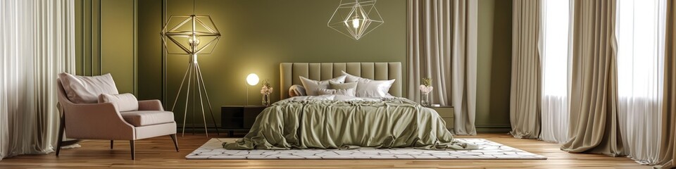 Olive-walled bedroom with pearl curtains and a hardwood floor setup.