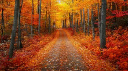 A path through a forest of sugar maples, the trees showing off their vibrant fall colors.