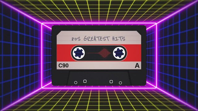 Set of two classic audio cassette tape animations with turning reels, audio spectrum and 3D grid animation in 80s retro style and glowing neon colors, concepts, ideas, 4k, seamless loopable elements