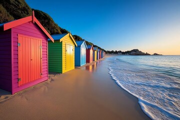 Naklejka premium Forever Summer with colorful beach huts, captured in a photo where brightly painted huts line the shore, each one more vibrant than the last