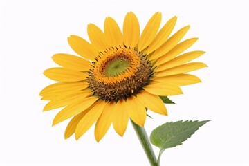 Obraz premium Single sunflower with yellow petals and green leaves isolated on white.