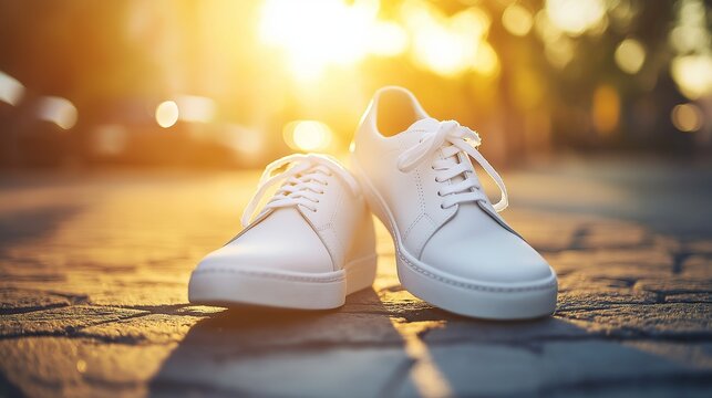 pair of white shoes on a city neutral background