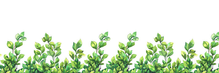 Obraz premium A cartoon style illustration of a horizontal decorative border made from a lush, green hedge shrub, isolated on a clear white background. The leaves are exaggerated in size and