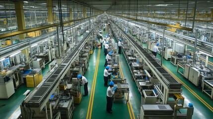 Fototapeta premium panoramic view of a factory floor, with rows of assembly lines and workers