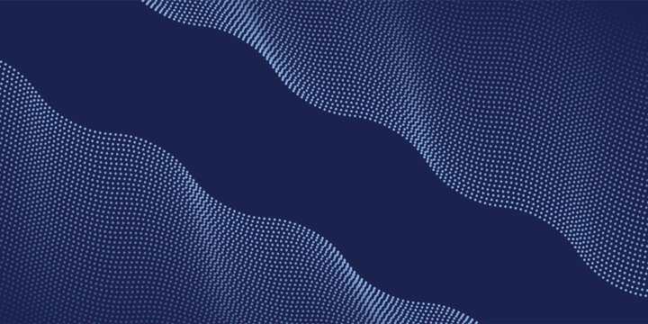 Dark blue abstract background, vector waves of flowing particles, curved lines of moving dots,