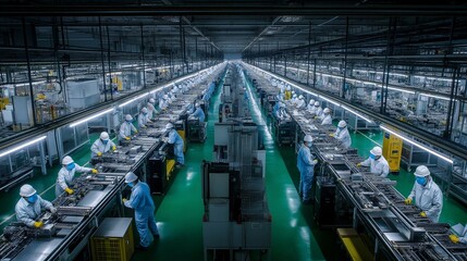 panoramic view of a factory floor, with rows of assembly lines and workers