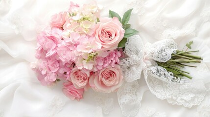 A romantic floral arrangement of pink roses and hydrangeas tied with a lace ribbon, set on a soft white background.