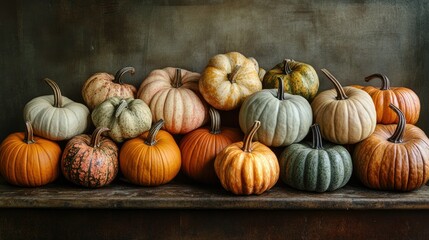 A rustic arrangement of colorful pumpkins piled together, highlighting the warm tones and textures of the autumn season.