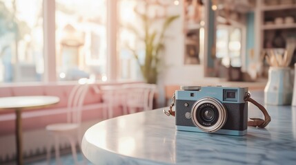retro camera perched on a marble countertop in a trendy cafe, with bright pastel colors