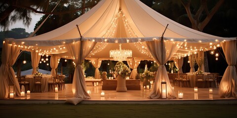 Wedding garden with many bulb lights chairs, tables and flowers decoration scene view