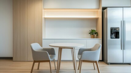 Cozy office pantry with a small dining table and chairs, Comfortable break area, Office relaxation spot