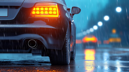 Rainy night drive with car taillights illuminating wet road