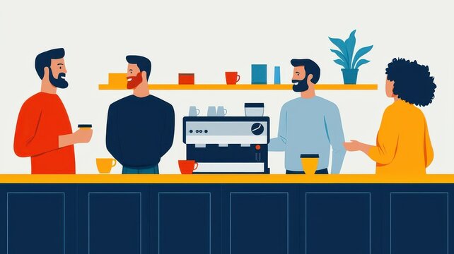 Employees gathered around a coffee machine in the office pantry, Office break time, Workplace socialization