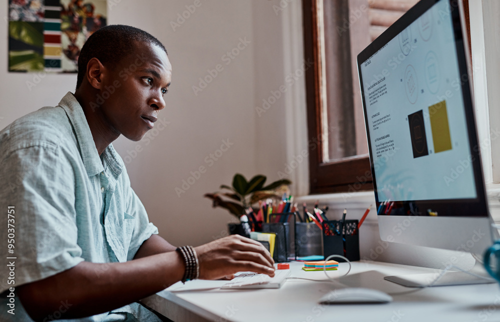 Sticker Business, black man and typing on computer in office for research online or creative logo at startup. Graphic designer, keyboard or working on project for social media platform, website or reading