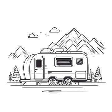 recommend clip art: A hand-drawn outline illustration of a camper van parked in front of a mountain range.