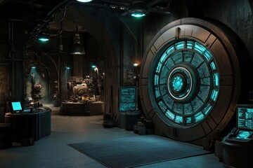 Fototapeta premium A high-tech control room filled with futuristic technology, illuminated by neon lights, showcases advanced machinery and computer systems in a modern industrial setting.