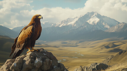 A large brown eagle is perched on a rock in a grassy field