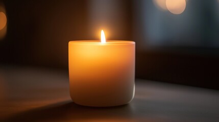 white candle against a plain background, softly glowing with warm light
